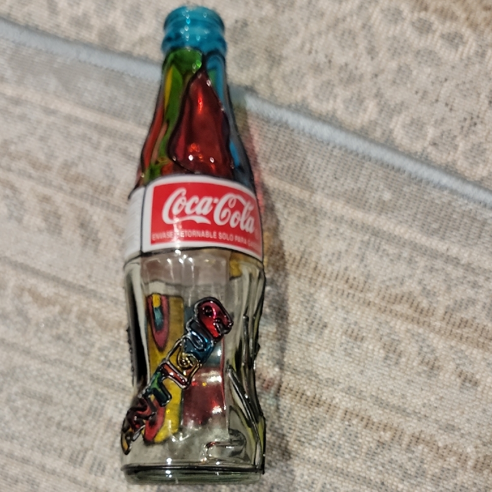 Coca Cola Glass Art Bottle with Red and Blue Accents - Picture 3 of 6